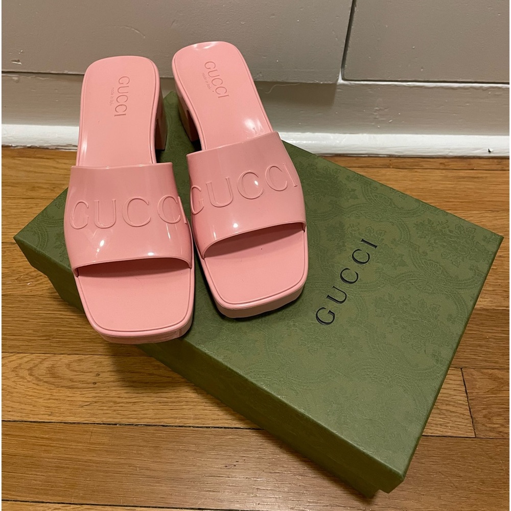 Pink Gucci Logo Rubber Platform Sandals